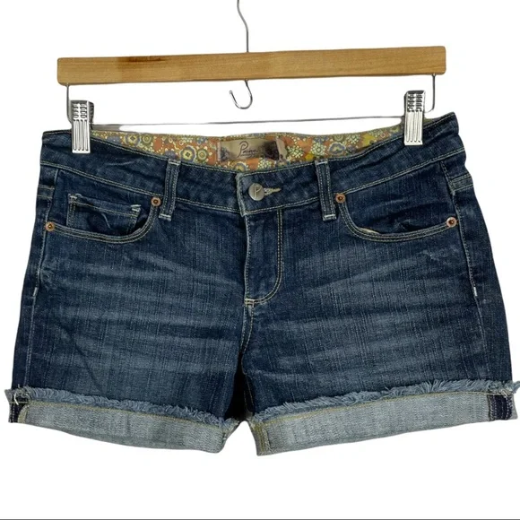 Paige Jimmy Jimmy Shorts Dark Wash Low Rise Raw Cuffed Hem Pre Faded & Feathered - Picture 2 of 11